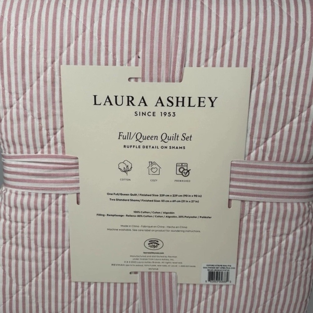 Laura Ashley ~ Full/Queen PINK Oxford Stripe Quilt/Sham Set ~ Reversible/Cotton - Picture 7 of 9